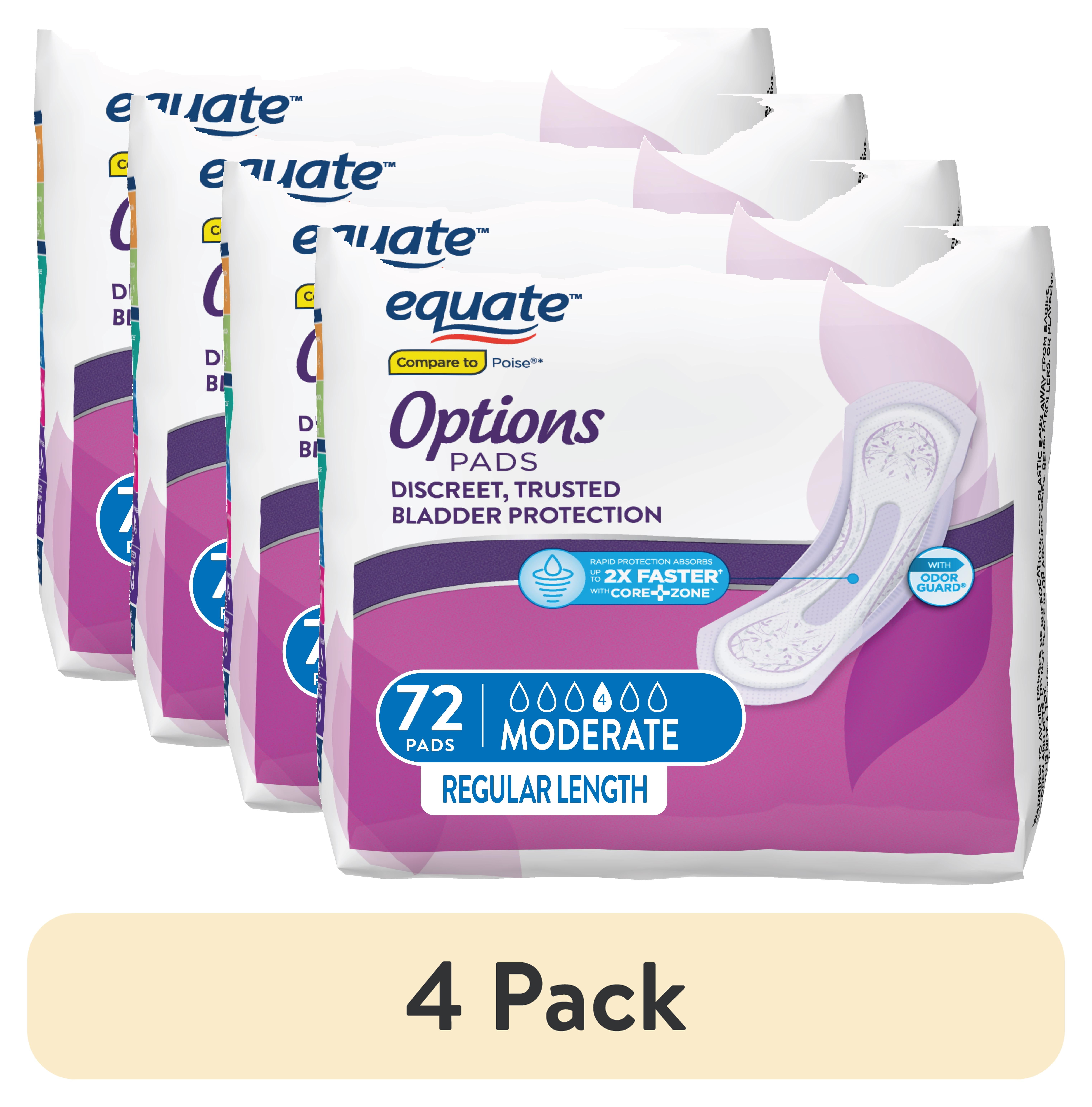 (4 pack) Equate Options Women's Incontinence Pads, Moderate Absorbency, Regular Length (72 Count), Compare to Poise