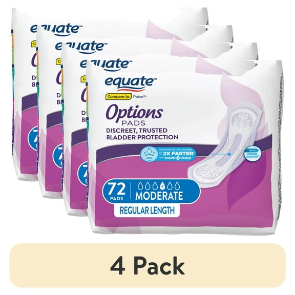 (4 pack) Equate Options Women's Incontinence Pads, Moderate Absorbency, Regular Length (72 Count), Compare to Poise®