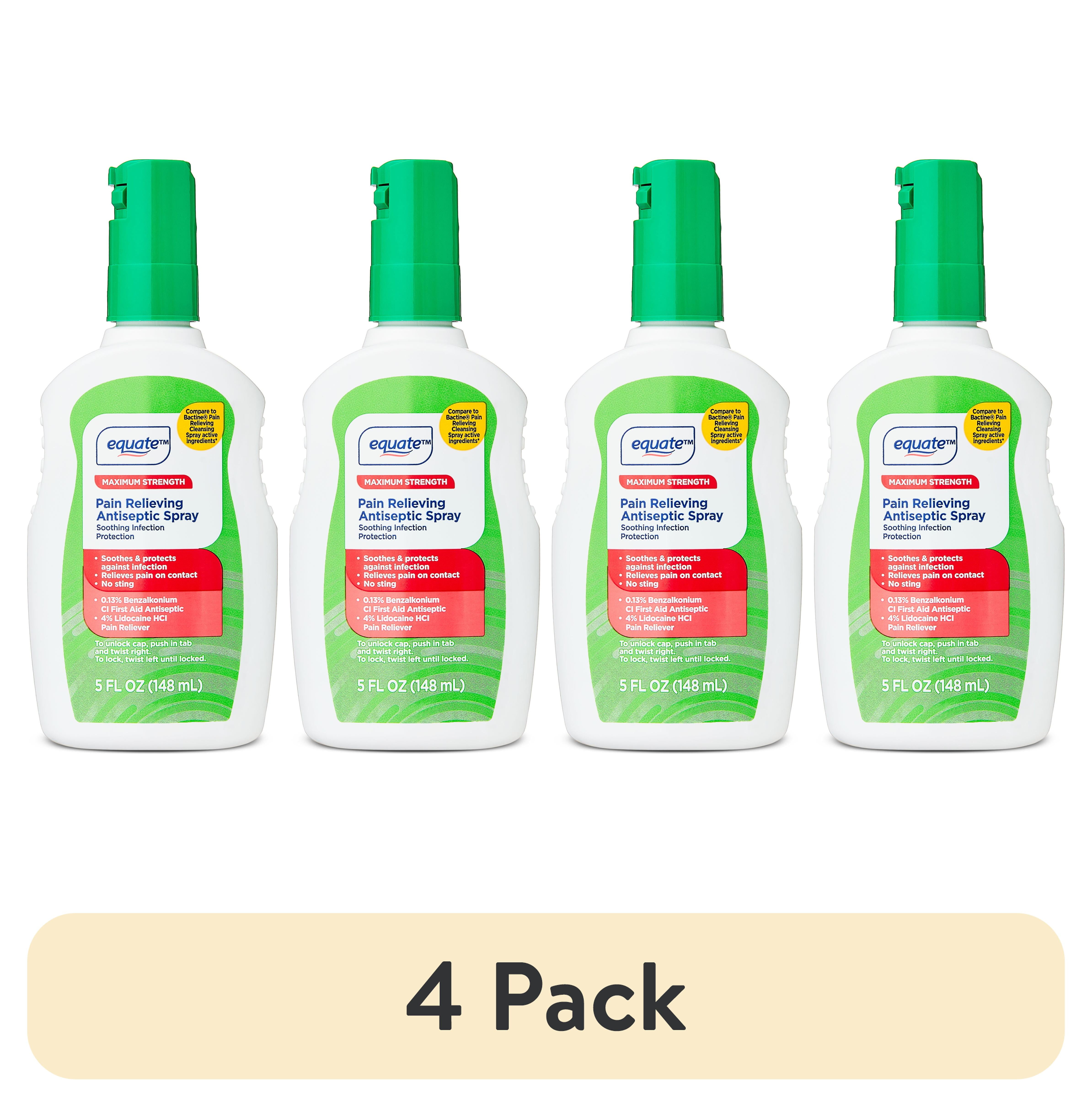 (4 pack) Equate Maximum Strength Pain Relieving Antiseptic Spray, Compare to Bactine Pain Relieving Cleansing Spray Active Ingredients
