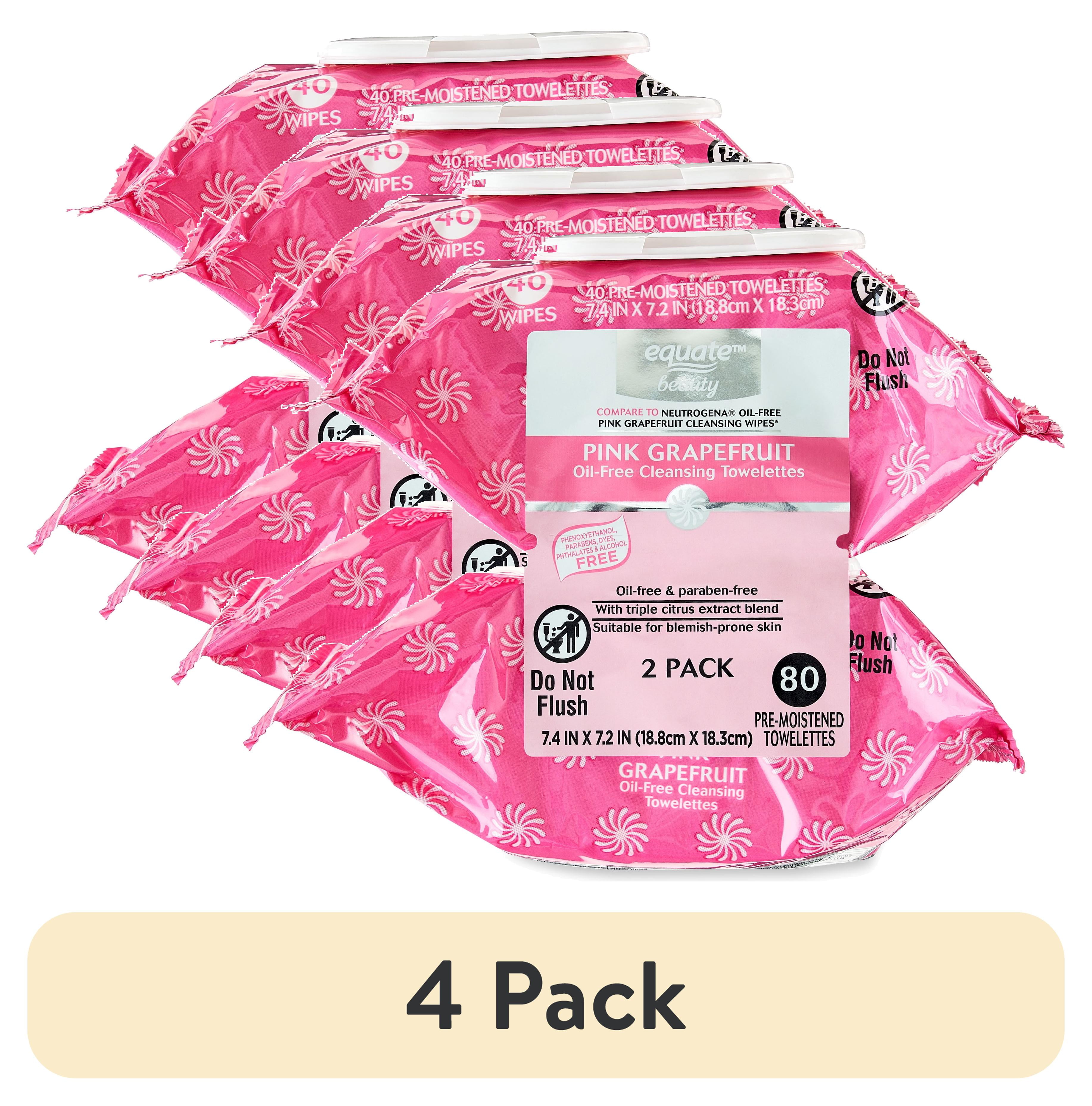 (4 pack) Equate Beauty Pink Grapefruit Oil-Free Cleansing Towelettes, 80 Count