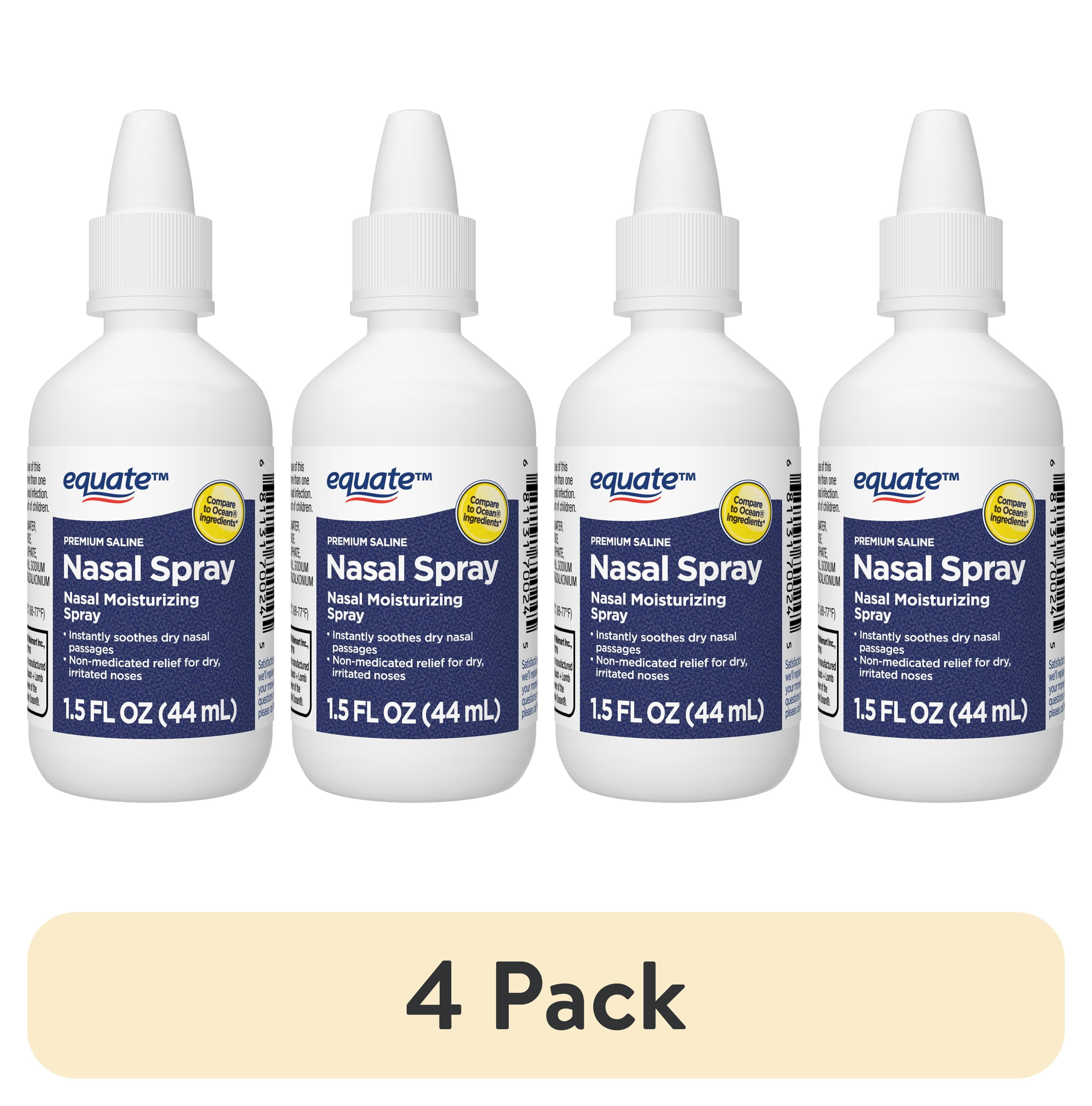 (4 pack) Equate Premium Saline Nasal Spray, Non-Medicated Relief for Dry, Irritated Noses, 1.5 Fl oz