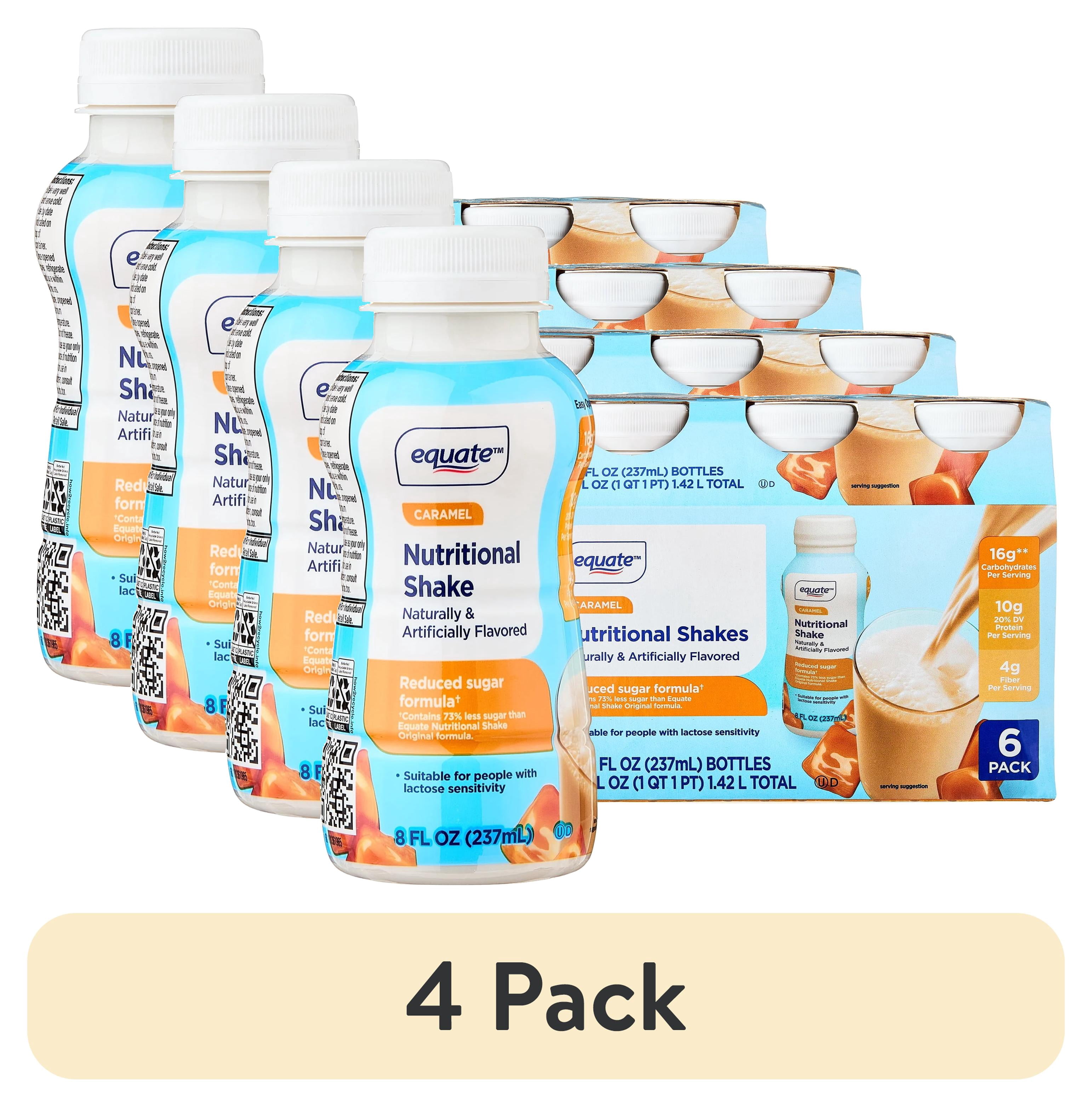 (4 pack) Equate Reduced Sugar Formula Nutritional Shakes, Caramel, 8 fl oz, 6 Count
