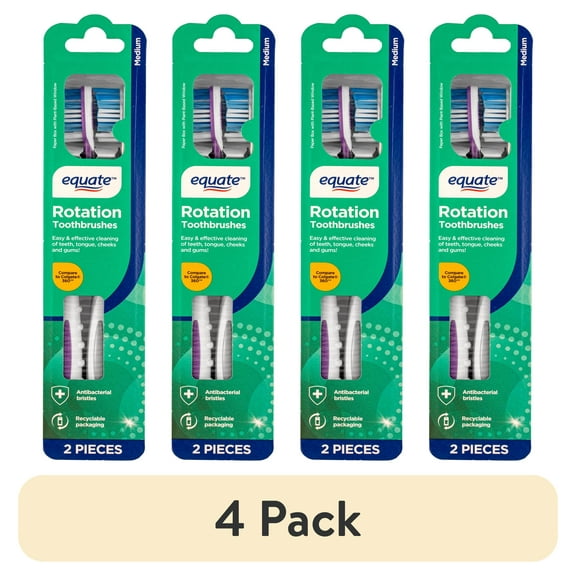 (4 pack) Equate Rotation Manual Toothbrush with Tongue & Cheek Cleaner (2 Count), Compare to Colgate 360