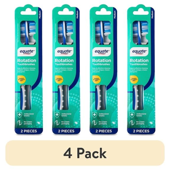 (4 pack) Equate Rotation Manual Toothbrush with Tongue & Cheek Cleaner, Medium Bristles, Compare to Colgate 360