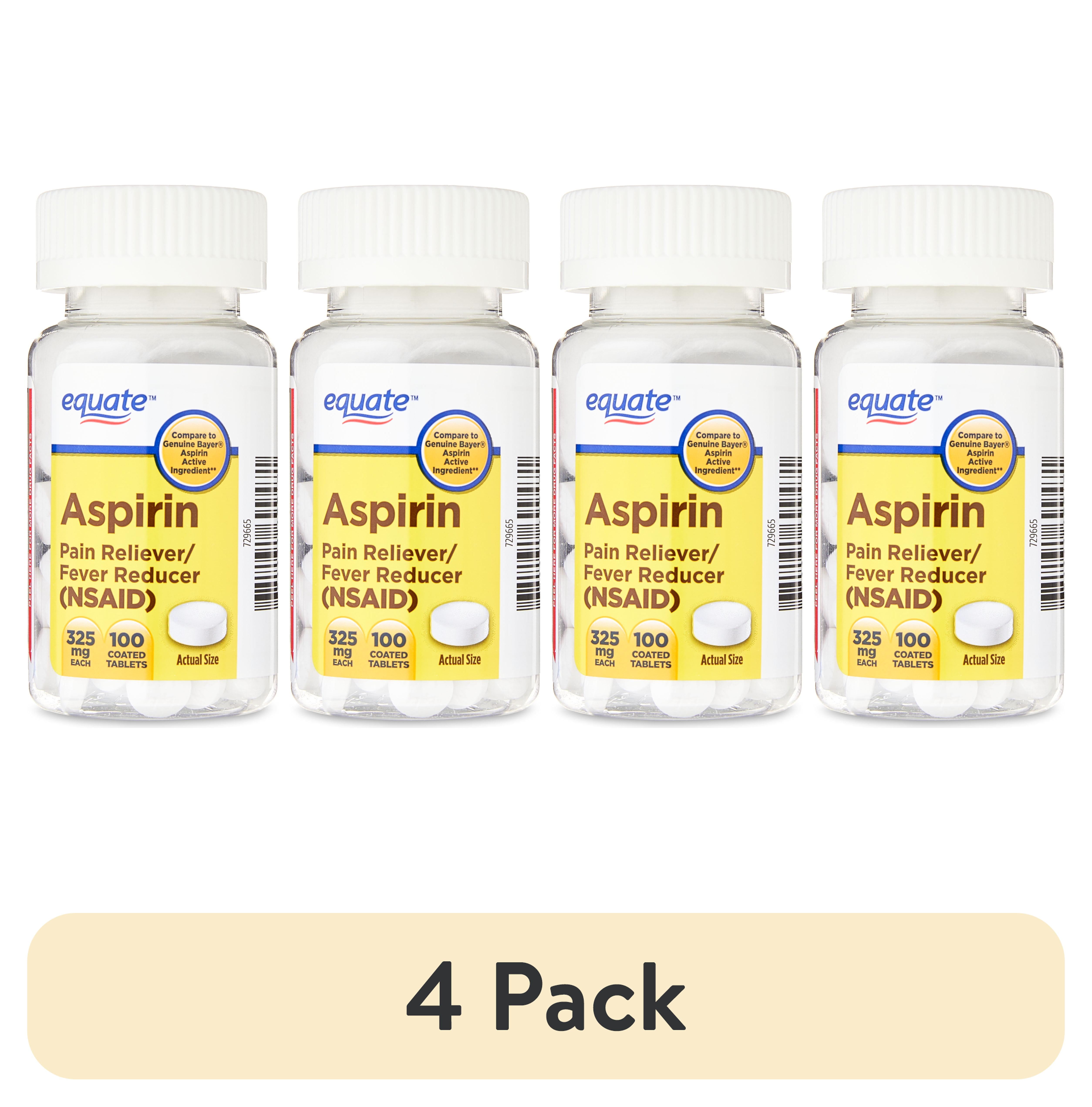 (4 pack) Equate Aspirin Pain Reliever/Fever Reducer Coated Tablets, 325mg, 100 Count, Compare to Genuine Bayer Aspirin Active Ingredient
