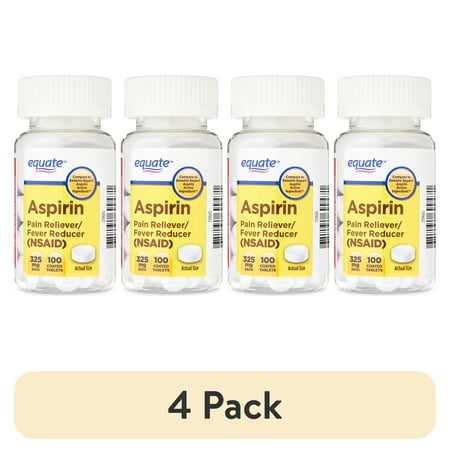 (4 pack) Equate Aspirin Pain Reliever/Fever Reducer Coated Tablets, 325mg, 100 Count, Compare to Genuine Bayer® Aspirin Active Ingredient