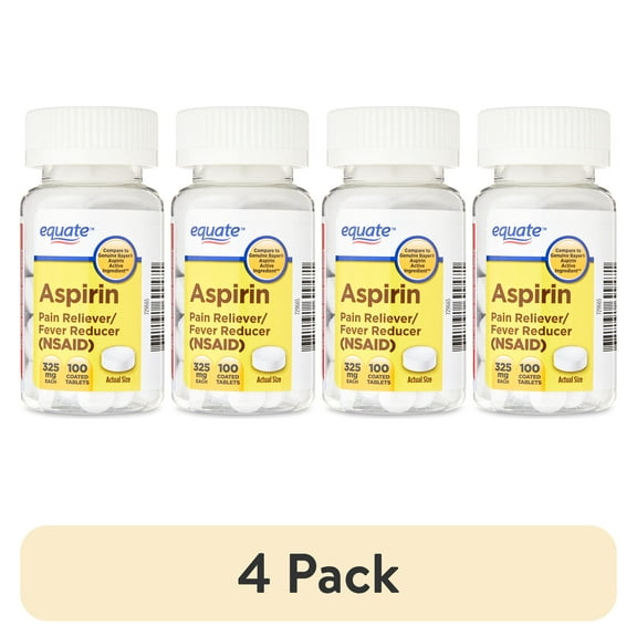 (4 pack) Equate Aspirin Pain Reliever/Fever Reducer Coated Tablets, 325mg, 100 Count, Compare to Genuine Bayer® Aspirin Active Ingredient