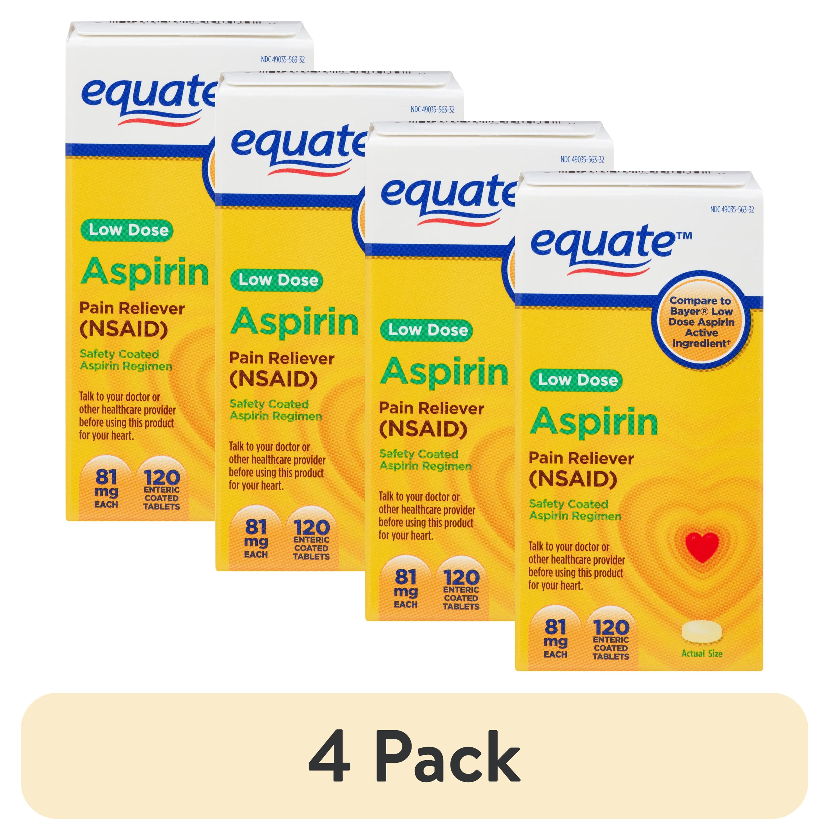 (4 pack) Equate Low Dose Aspirin Pain Relief Safety Coated Tablets, 81 mg, 120 Count, Compare to Bayer® Low Dose Aspirin Active Ingredient