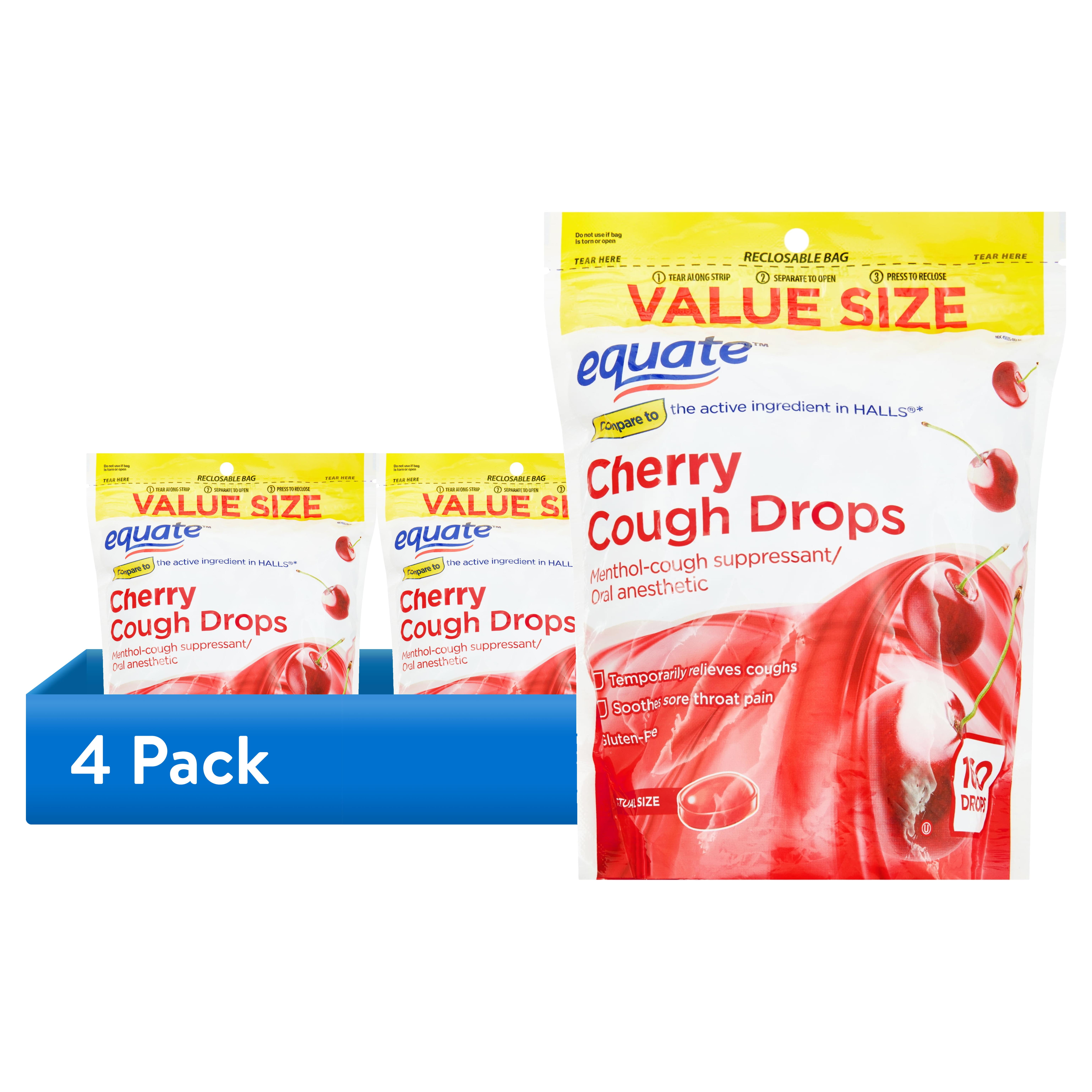 (4 pack) Equate Sore Throat and Cough Relief Menthol Cough Drops, Cherry Flavor, 160 Count, Compare to the Active Ingredient in HALLS®