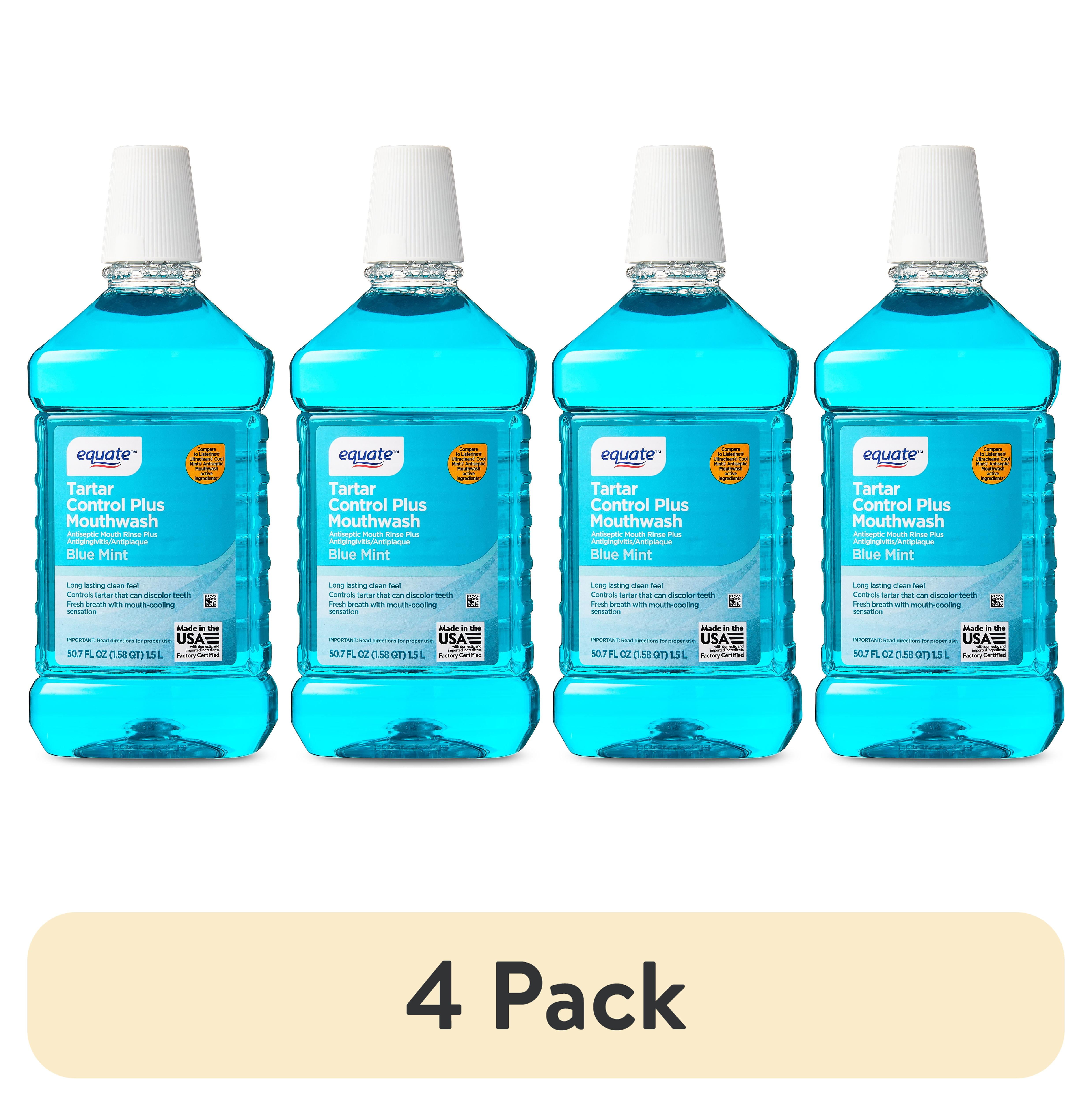 (4 pack) Equate Blue Mint Tartar Control Plus Antiseptic Mouthwash for Bad Breath & Plaque Oral Care, 1.5 L, Compare to Listerine Ultraclean Cool Mint Antiseptic Mouthwash Active Ingredients