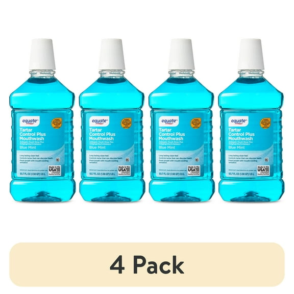 (4 pack) Equate Blue Mint Tartar Control Plus Antiseptic Mouthwash for Bad Breath & Plaque Oral Care, 1.5 L, Compare to Listerine Ultraclean Cool Mint Antiseptic Mouthwash Active Ingredients