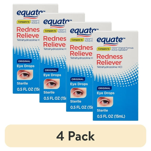 (4 pack) Equate Tetrahydrozoline HCl Original Redness Reliever Eye Drops, 0.5 fl oz