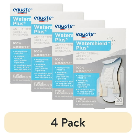 (4 pack) Equate Watershield Plus Antibacterial Adhesive Bandages, Assorted Sizes, 20 Count