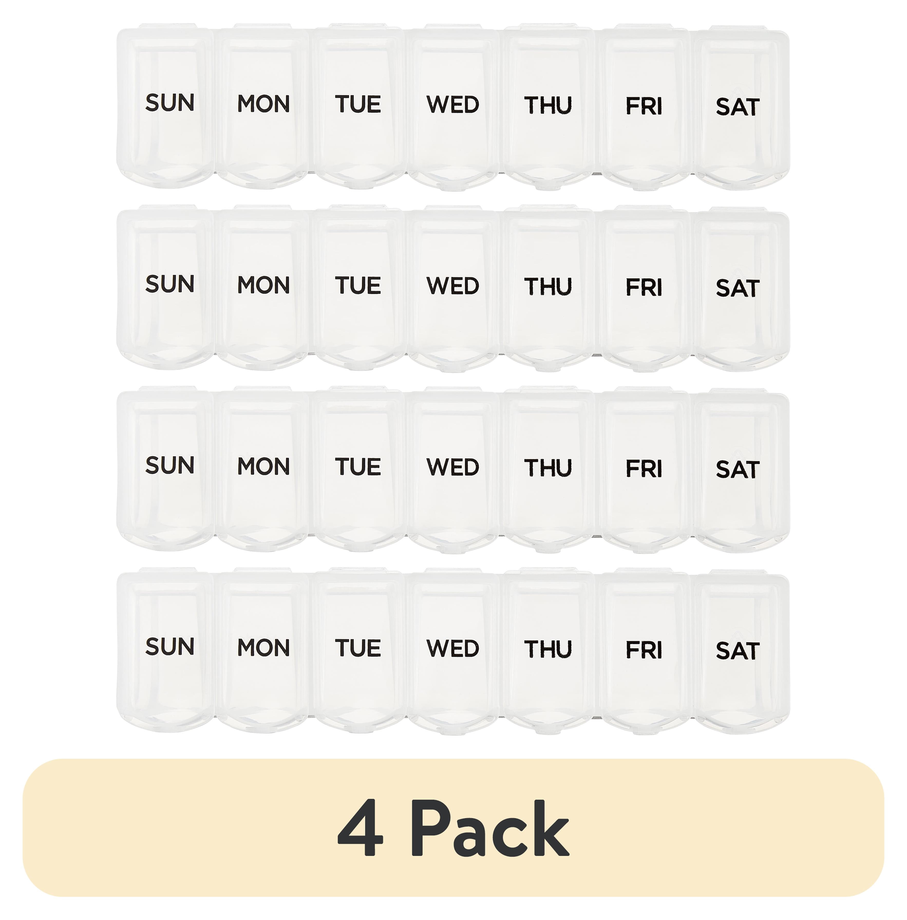 (4 pack) Equate Weekly Pill Planner, Portable Medicine Box with 7 Compartments, Travel-Friendly,