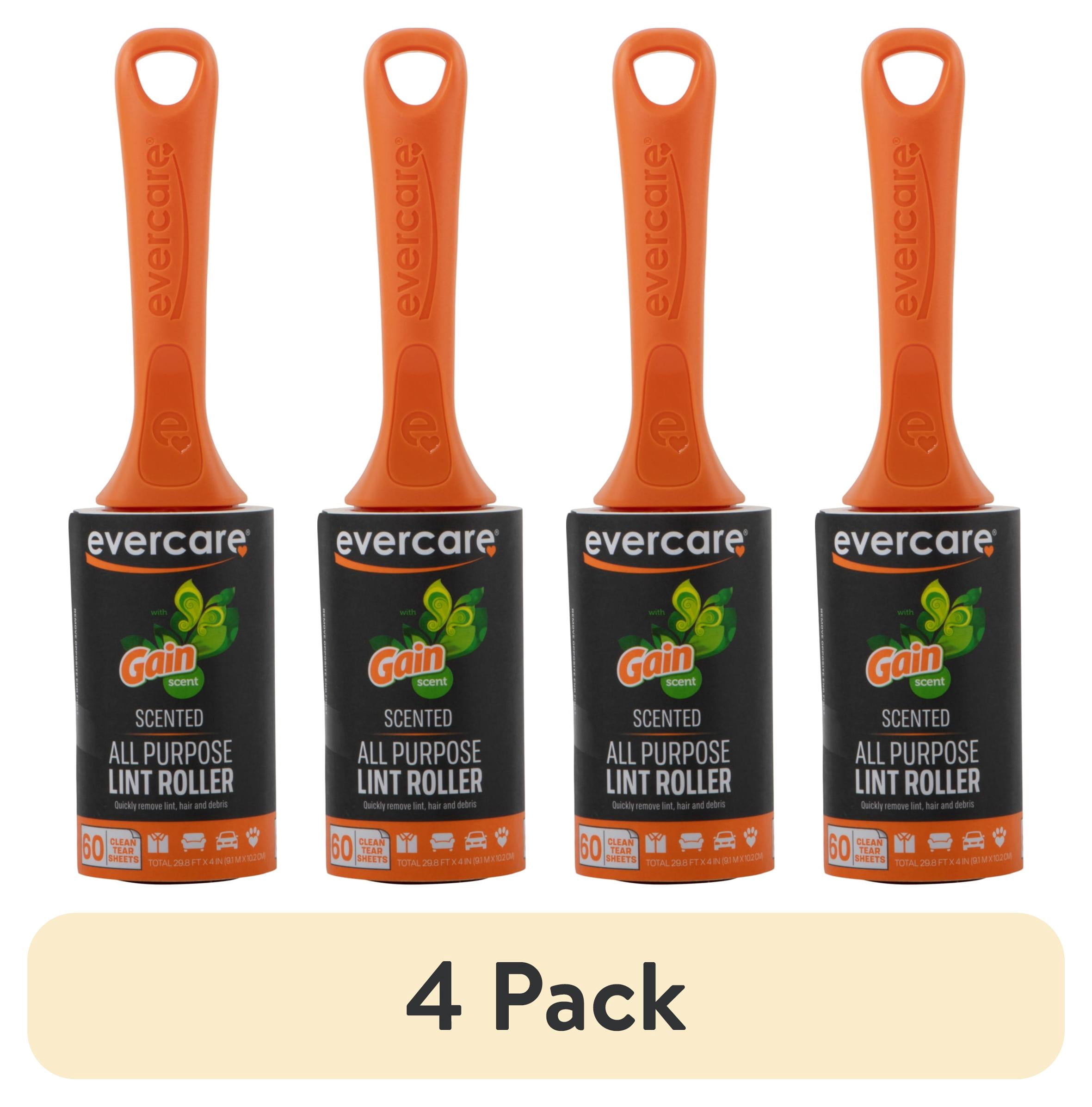 (4 pack) Evercare Gain‑Scented Lint Roller – 60 Sheets per Roll, Refillable, Easy Tear, Clothing, Pet, Furniture, Travel, Orange Scent