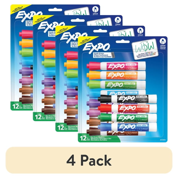 (4 pack) Expo Low Odor Dry Erase Markers, Chisel Tip, Assorted Colors, 12 Count