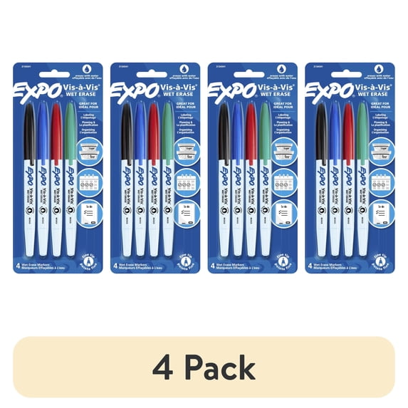 (4 pack) EXPO Vis-a-vis Wet-Erase Overhead Markers, Fine Point, Assorted, 4 Count (16074)