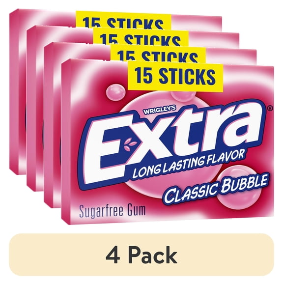 (4 pack) Extra Classic Bubble Gum Sugar Free Chewing Gum, Single Pack- 15 Stick