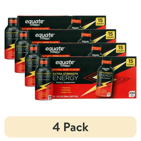 (4 pack) Equate Extra Strength Energy Dietary Supplement, Caffeine 230mg, Berry Flavor, 15 Pack