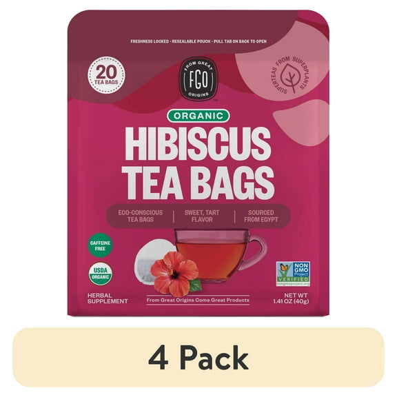 (4 pack) FGO Hibiscus Tea, Organic, Eco-Conscious Tea Bags (20 Count)