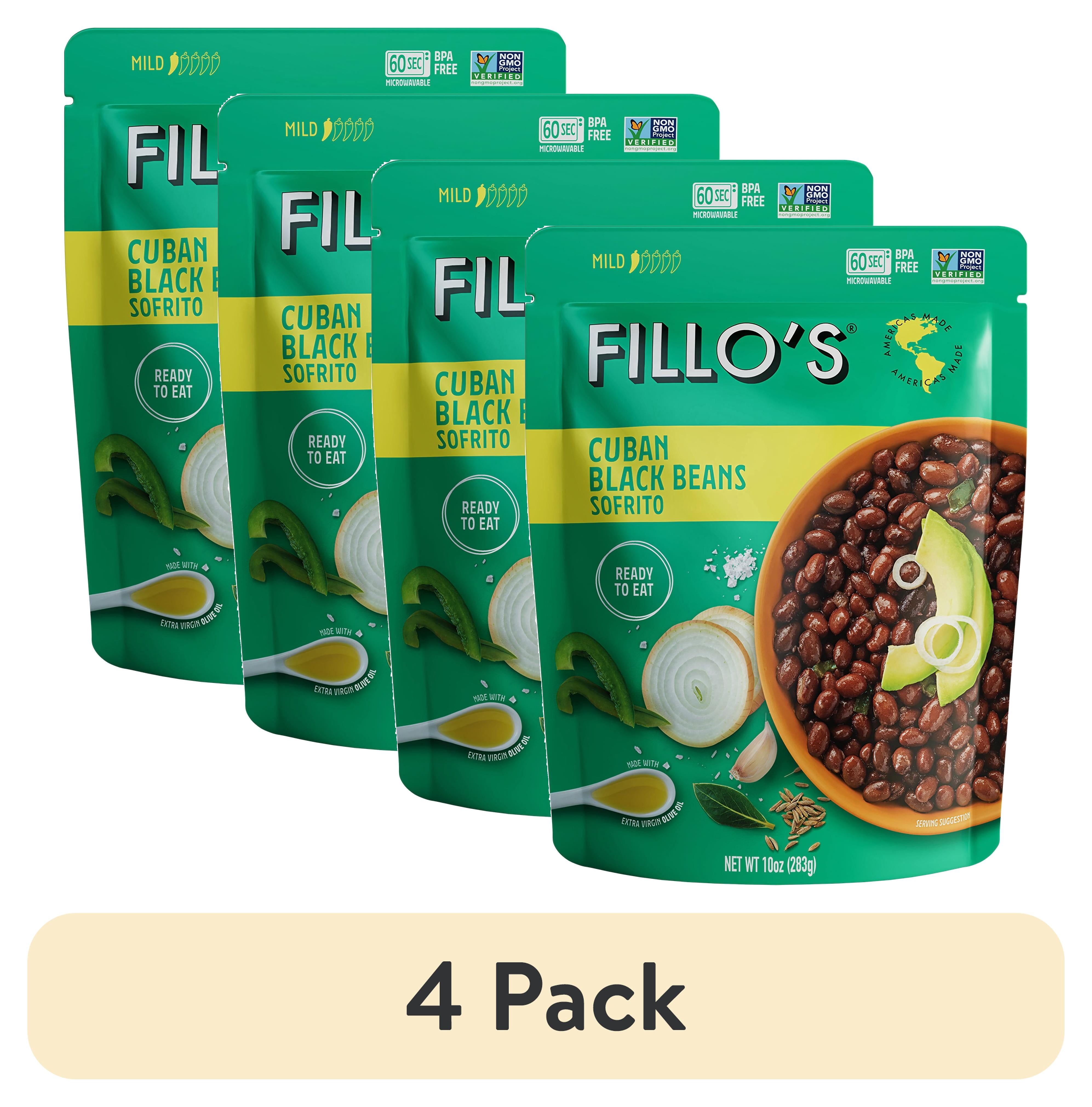 (4 pack) FILLO'S Cuban Black Beans Mild Spice - Single Pouch, 10 oz