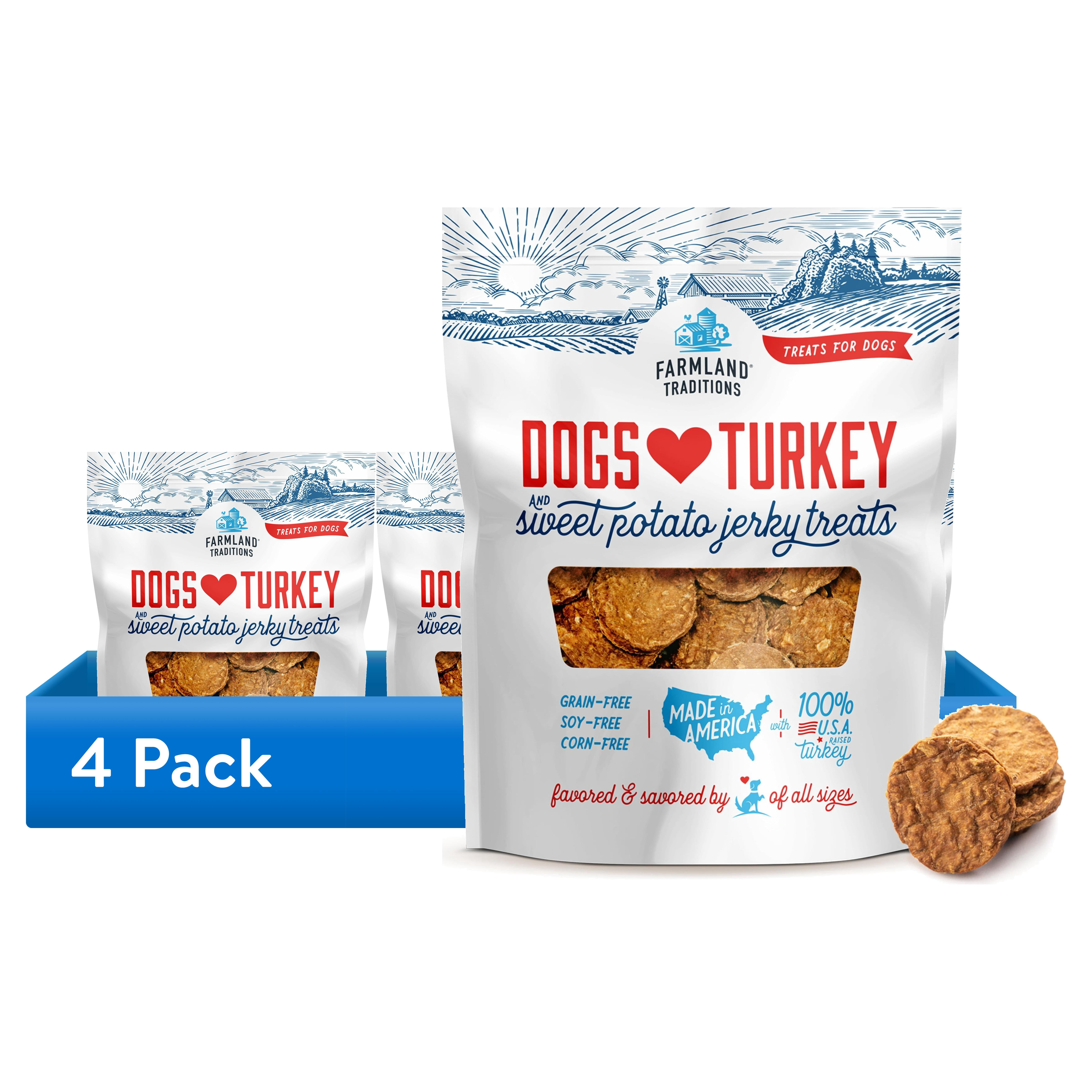(4 pack) Farmland Traditions Filler Free Dogs Love Turkey & Sweet Potato Premium Jerky Treats for Dogs, 1 lb. Bag