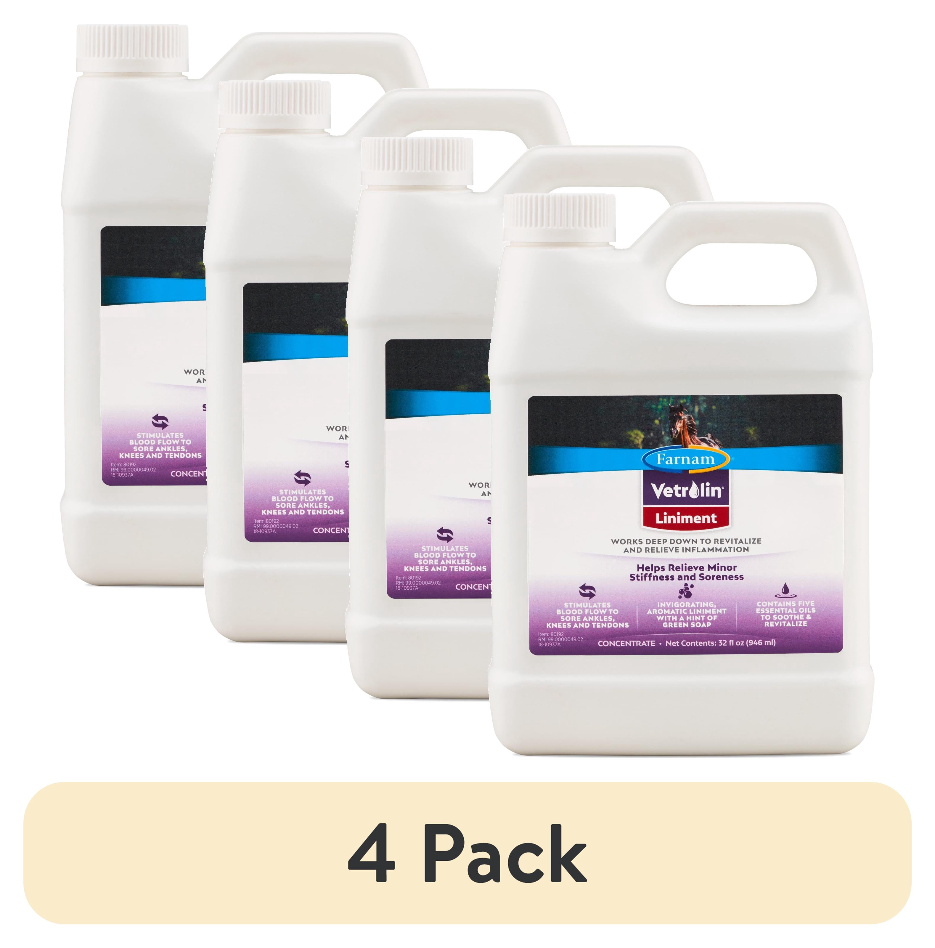 (4 pack) Farnam Vetrolin Horse Liniment for Muscle Soreness, Stiffness and Inflammation Relief on Horses, Helps Reduce Swelling 32 Fluid Ounces
