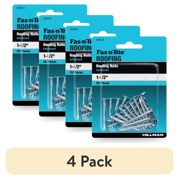 (4 pack) Fas-n-tite Roofing Nails, 1-1/2", Steel, Electro-Galvanized Finish, Gray, 25 pack