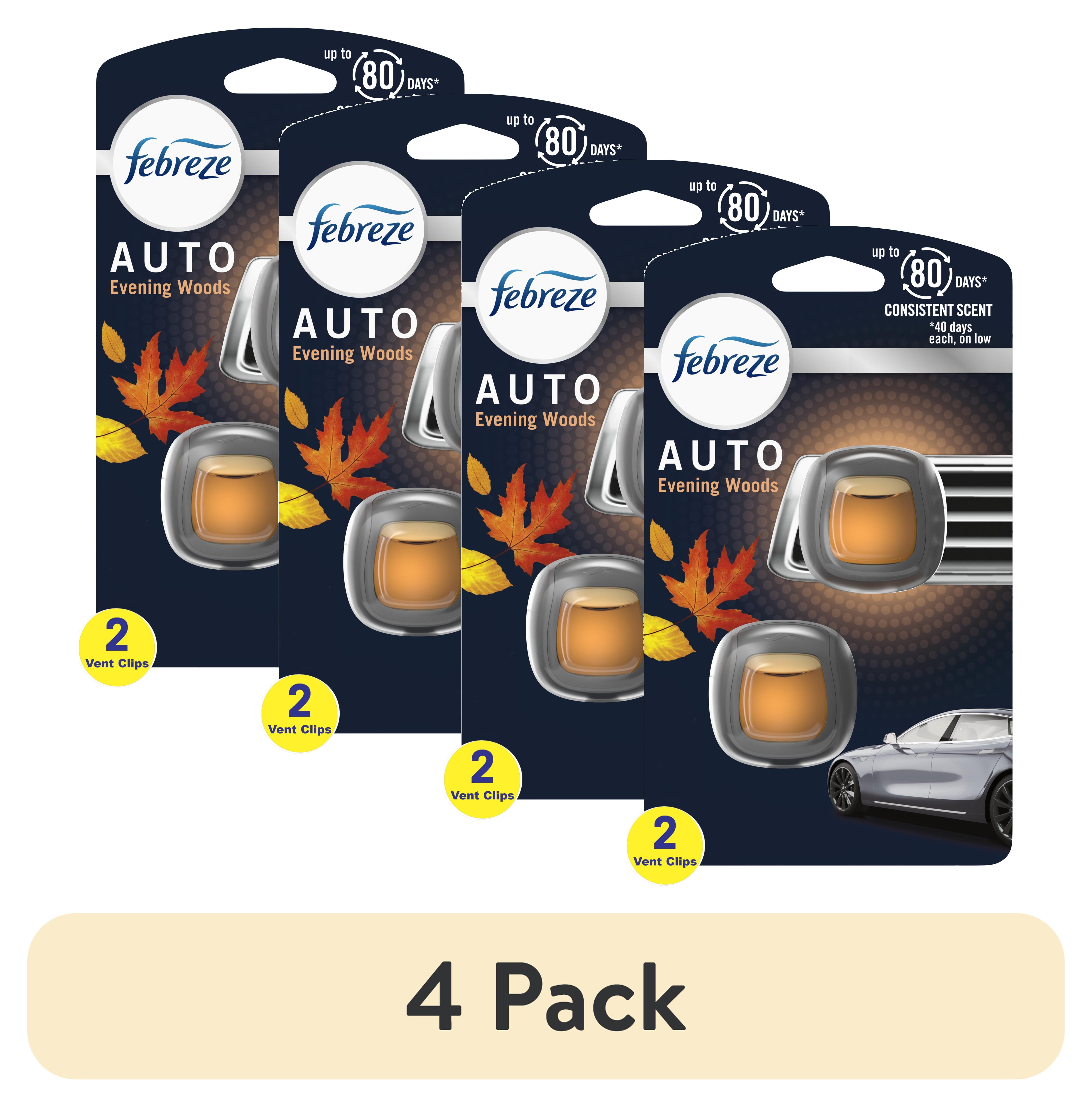 (4 pack) Febreze AUTO Car Air Freshener, Odor-Fighting Car Vent Clip, Evening Woods, 2 Count