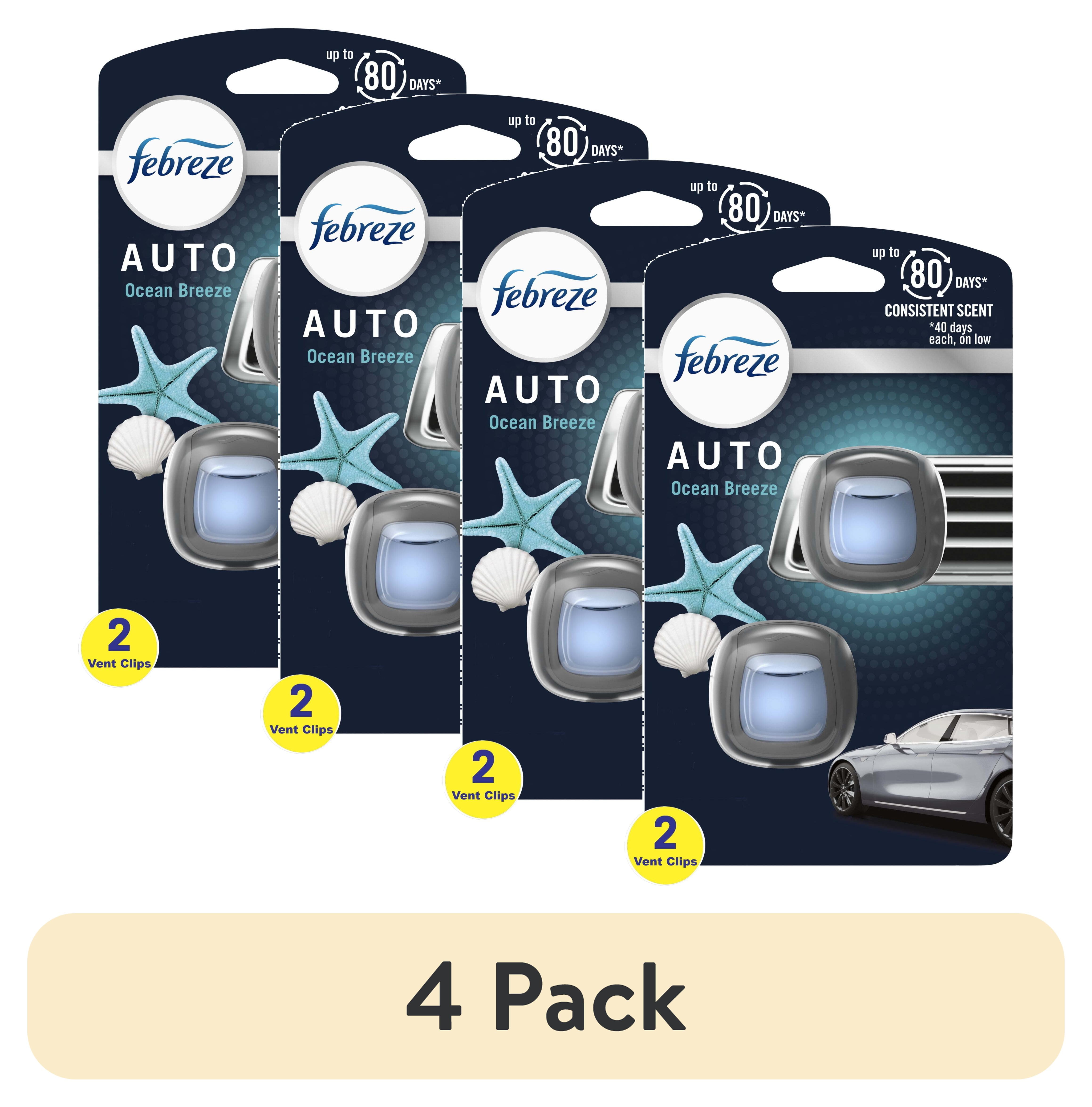 (4 pack) Febreze AUTO Car Air Freshener, Odor-Fighting Car Vent Clip, Ocean Breeze, 2 Count