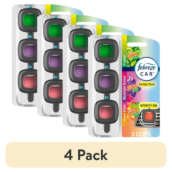 (4 pack) Febreze Car Air Freshener Vent Clip Gain Scents Variety Pack, .06 oz. Car Vent Clip, 3-Count
