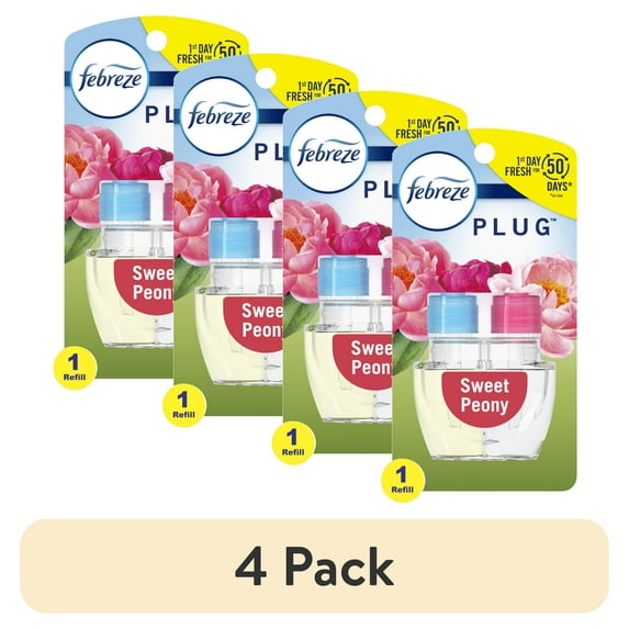 (4 pack) Febreze Odor-Fighting Fade Defy PLUG Air Freshener Sweet Peony, 0.87 fl. oz. Oil Refill