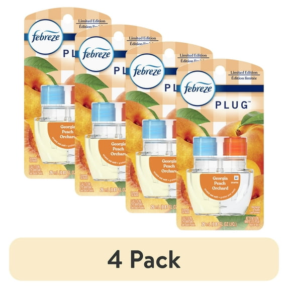 (4 pack) Febreze Plug In Air Freshener, Odor-Fighting Scented Oil Refill, Georgia Peach Orchard, 1 Refill