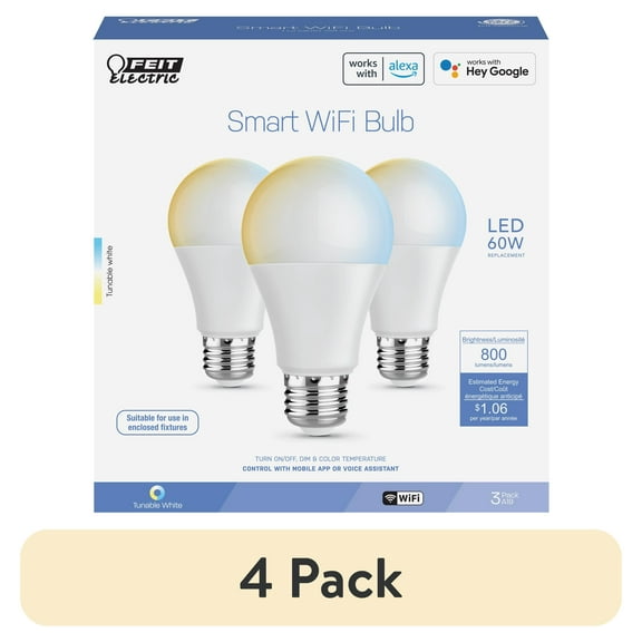 (4 pack) Feit Electric  8.8W (60W Replacement) Tunable White E26 Base A19 Smart WiFi LED Light Bulb (3-Pack)