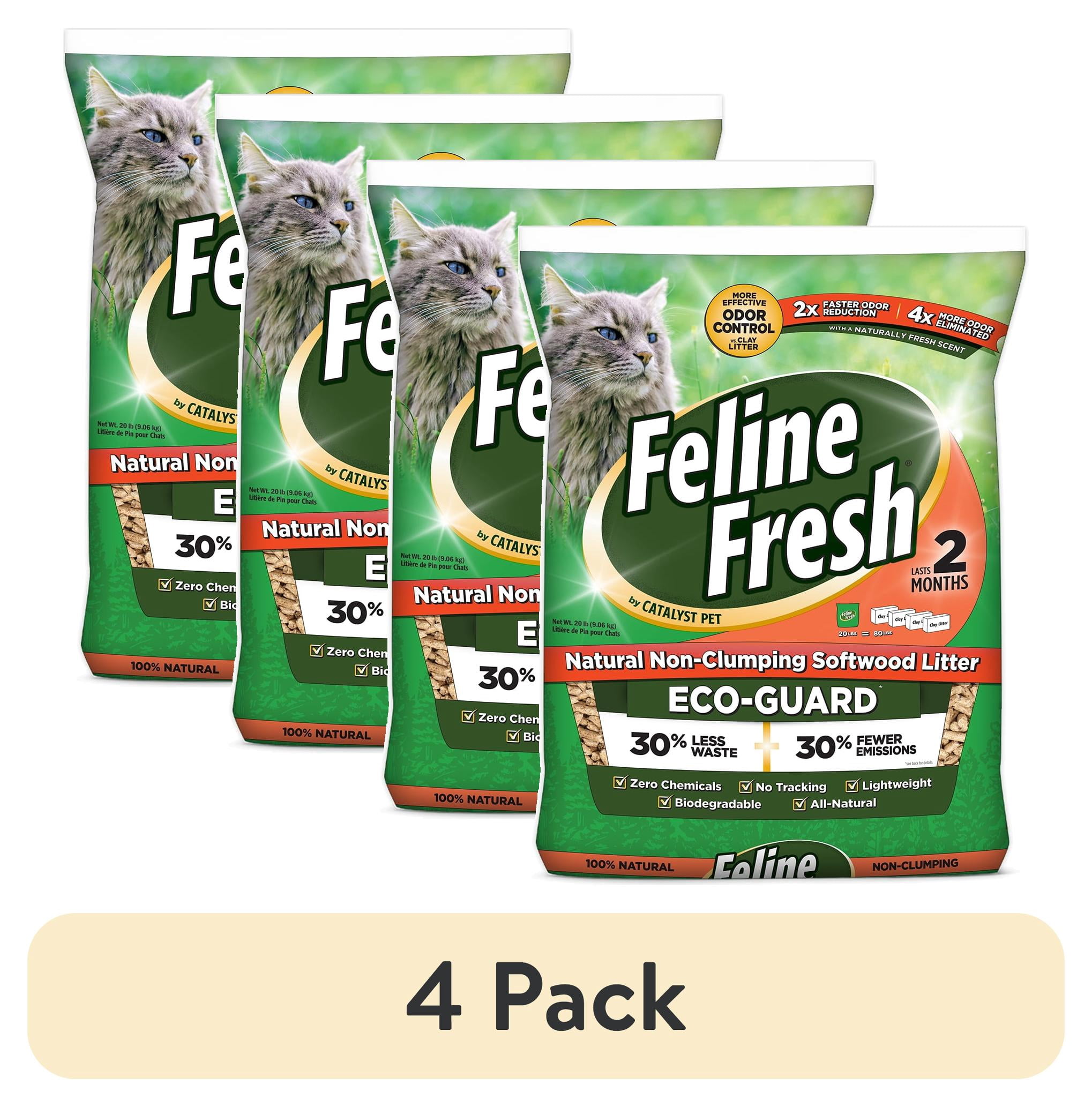 (4 pack) Feline Fresh Non- Clumping Natural Pine Pellet Cat Litter, Unscented, 20 lb Bag