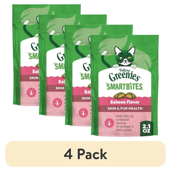 (4 pack) Greenies Feline Smartbites Salmon Flavor Skin & Fur Health Cat Treats, 2.1 oz Pack