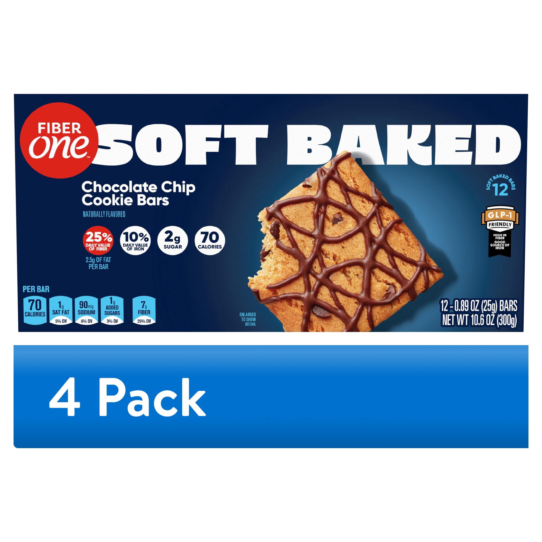 (4 pack) Fiber One Soft Baked Chocolate Chip Cookie Bars, Fiber Snacks, Value Pack, 12 Ct, 10.6 oz
