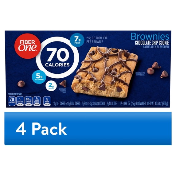 (4 pack) Fiber One 70 Calorie Brownies, Chocolate Chip Cookie, 2g Sugar, Value Pack, 12 Count, 10.6 oz
