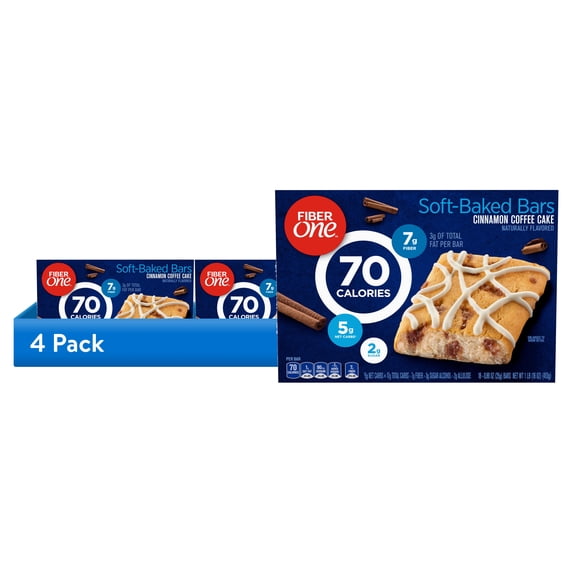 (4 pack) Fiber One 70 Calorie Soft Baked Bars, Cinnamon Coffee Cake, Mega Pack, 18 Count, 16 oz