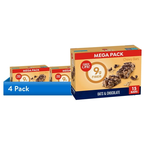 (4 pack) Fiber One Chewy Bars, Oats and Chocolate, Fiber Snacks, Mega Pack, 15 Count, 21.2 oz