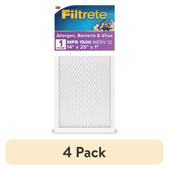 (4 pack) Filtrete 14x25x1 HVAC Furnace Air Filter, MPR 1500 MERV 12, Allergen, Bacteria and Virus, 1 Filter