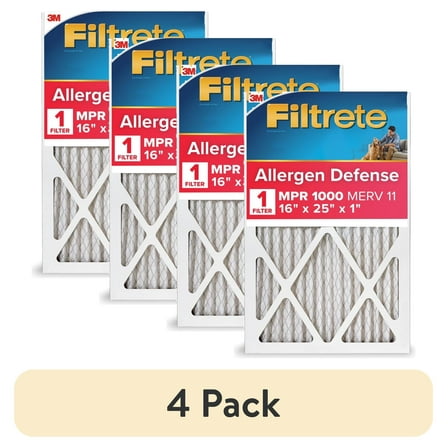 (4 pack) Filtrete 16x25x1 HVAC Furnace Air Filter, MPR 1000 MERV 11, Allergen Defense, 1 Filter