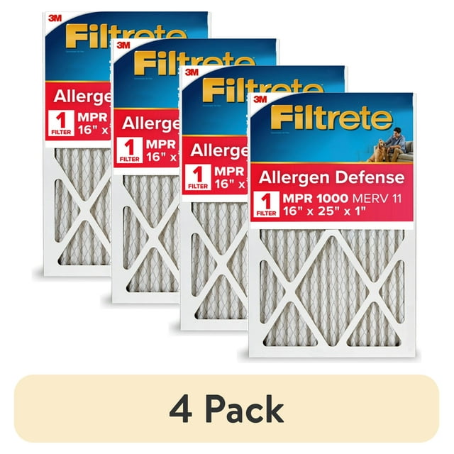 (4 pack) Filtrete 16x25x1 HVAC Furnace Air Filter, MPR 1000 MERV 11, Allergen Defense, 1 Filter