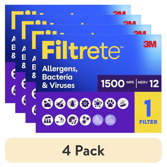 (4 pack) Filtrete 16x25x1 HVAC Furnace Air Filter, MPR 1500 MERV 12, Allergen, Bacteria and Virus, 1 Filter
