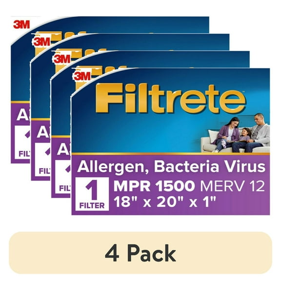 (4 pack) Filtrete 18x20x1 HVAC Furnace Air Filter, MPR 1500 MERV 12, Allergen, Bacteria and Virus, 1 Filter