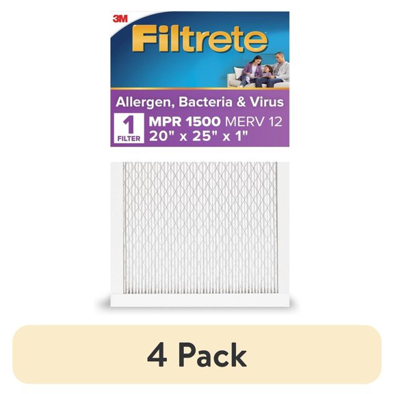 (4 pack) Filtrete 20x25x1 HVAC Furnace Air Filter, MPR 1500 MERV 12, Allergen, Bacteria and Virus, 1 Filter