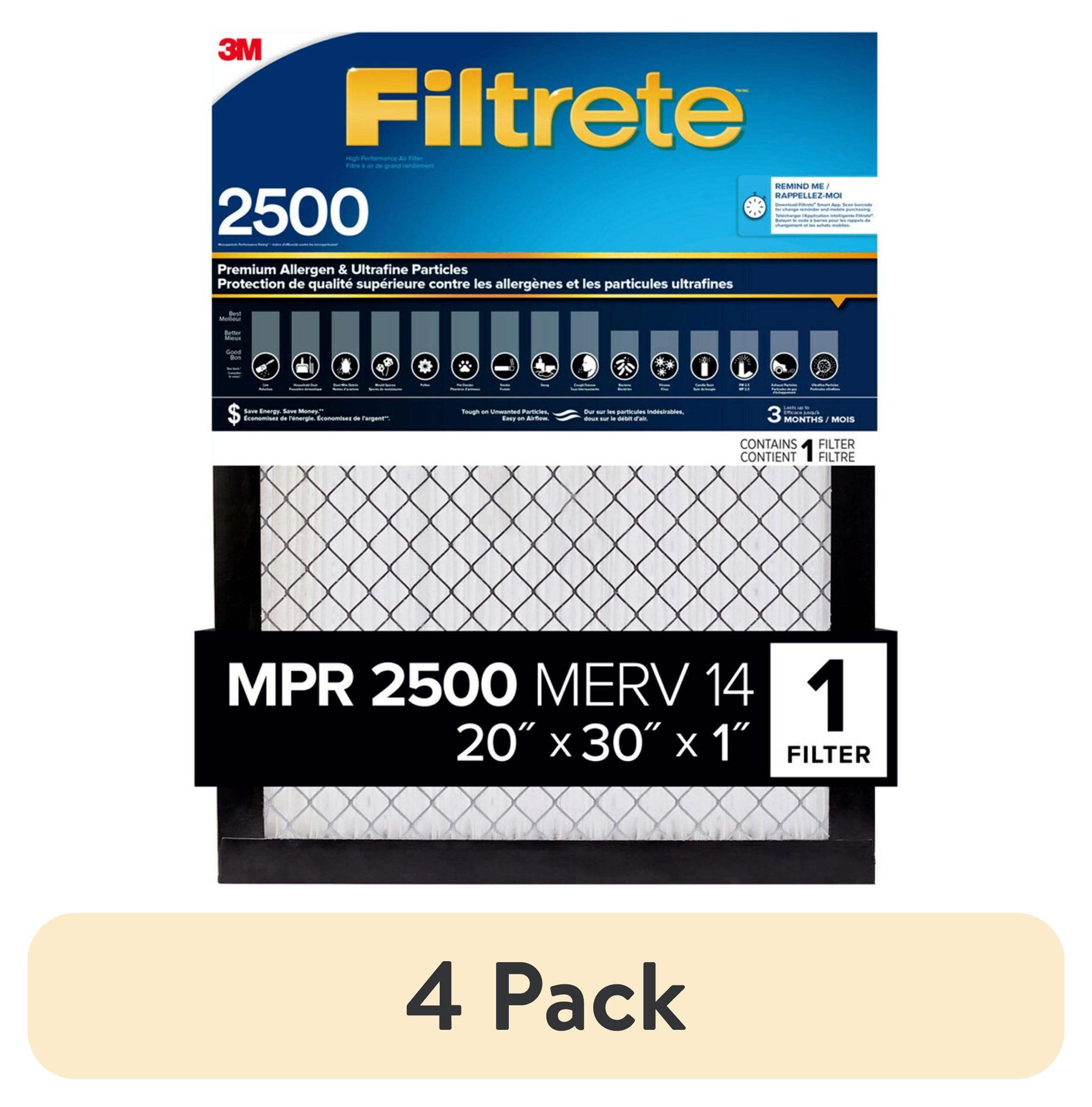 (4 pack) Filtrete 20x30x1 Air Filter, MPR 2500 MERV 14, Premium Allergen and Ultrafine Particles, 1 Filter