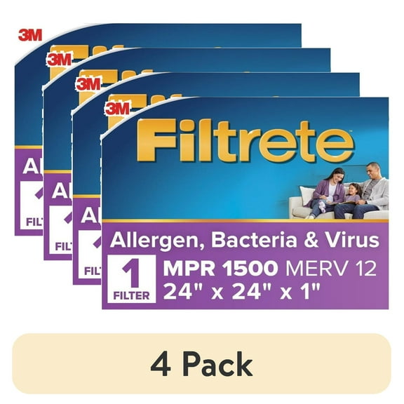 (4 pack) Filtrete 24x24x1 HVAC Furnace Air Filter, MPR 1500 MERV 12, Allergen, Bacteria and Virus, 1 Filter