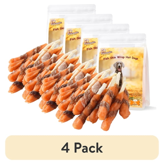 (4 pack) Pawmate Cod Skin  Hot Dogs Dog Treats, Rich in Omega-3, Supports Skin  Coat Health Treats for All Dogs, 11oz