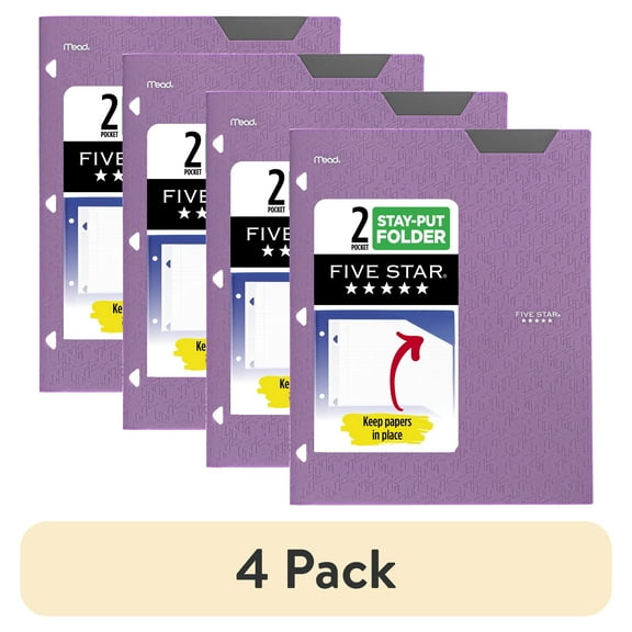 (4 pack) Five Star 2-Pocket Stay-Put Plastic Folder, Amethyst Purple
